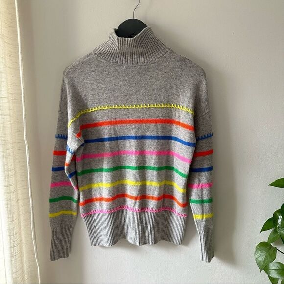 Autumn Cashmere Multi Colored Cashmere Breton Stripe Mock With Blanket Stitch - Picture 5 of 8